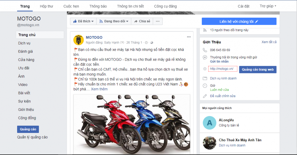 thuê xe máy fanpage hà nội