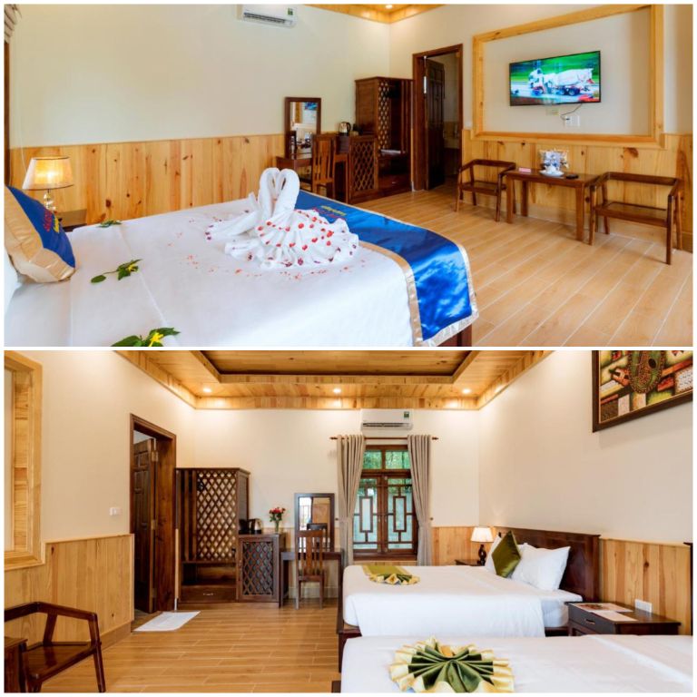 Phòng ngủ rộng rãi, có tông màu gỗ chủ đạo tạo không gian gần gũi, ấm áp