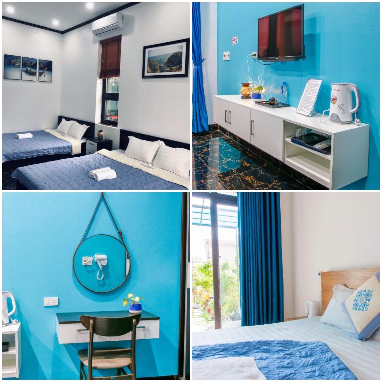 Homestay Cô Tô này gồm 3 hạng phòng, lấy màu xanh của biển làm chủ đạo trong thiết kế, tạo nên không gian mát mẻ thoải mái (nguồn: cotocenterhomestay.com)