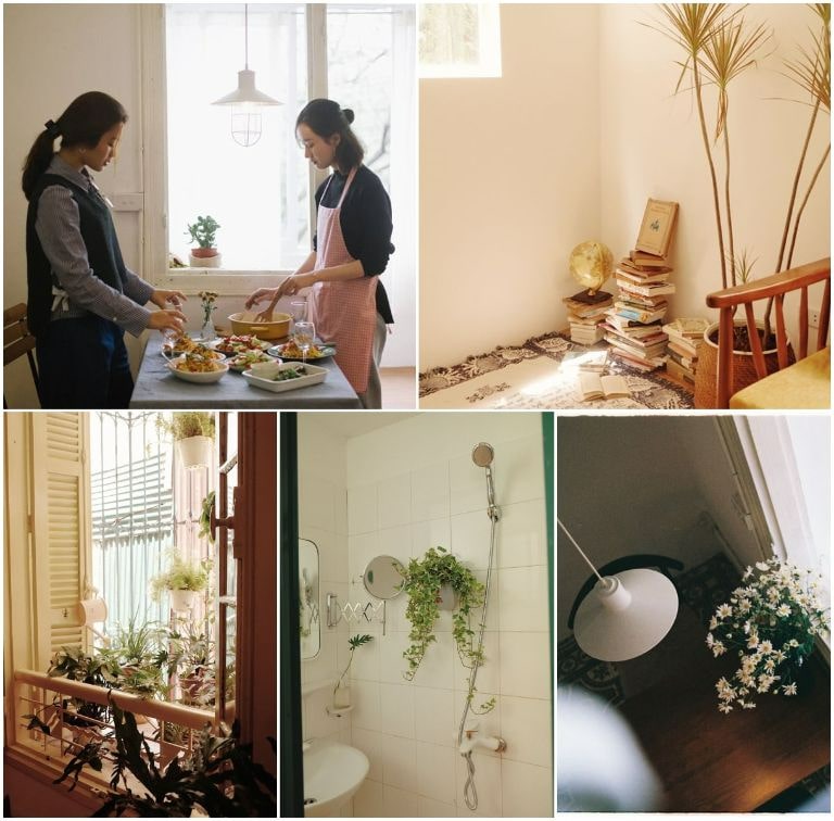 Khu bếp nấu ăn và khu đọc sách Mei Homestay Ba Đình đón ánh nắng tự nhiên 
