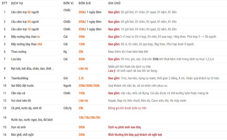 bảng giá dịch vụ cắm trại đảo ngọc đại lải