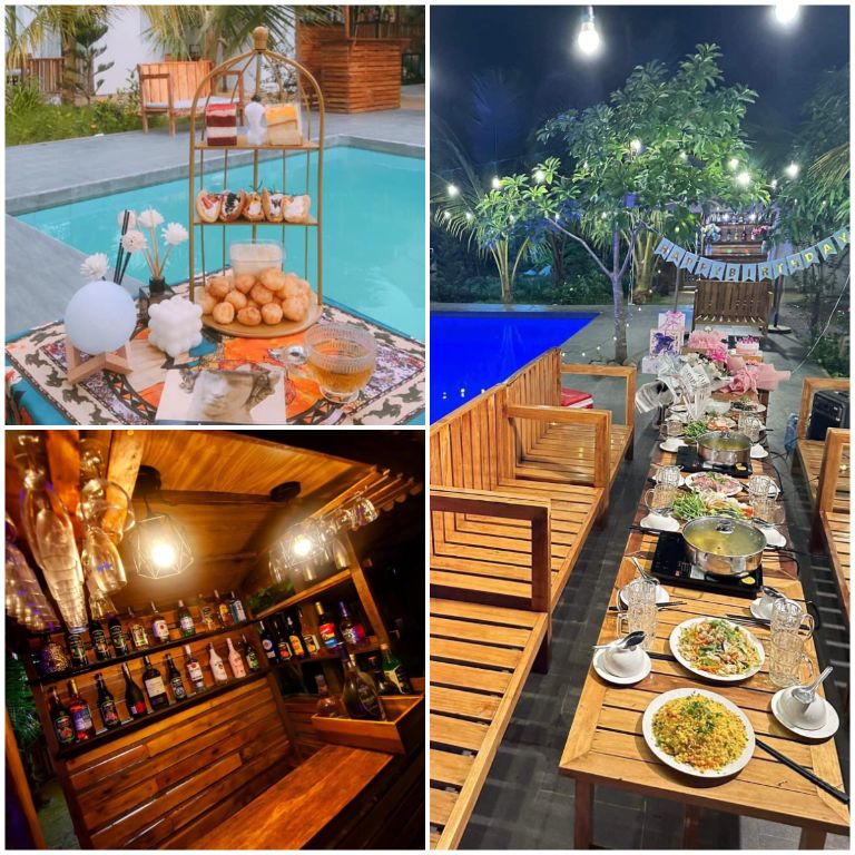 Hoàng Phúc Resort có hỗ trợ các du khách tổ chức tiệc, đặc biệt là tiệc bơi hồ bơi vào buổi tối chill vô cùng