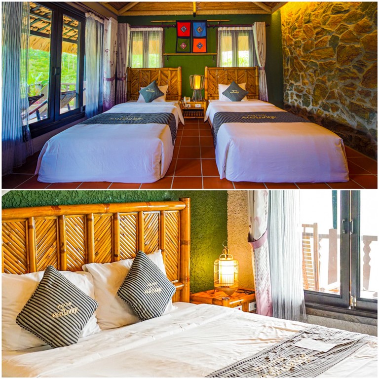 Phòng nghỉ tại Mai Châu Ecolodge Hòa Bình sở hữu 43 phòng nghỉ có diện tích rộng từ 25 - 80m2. 