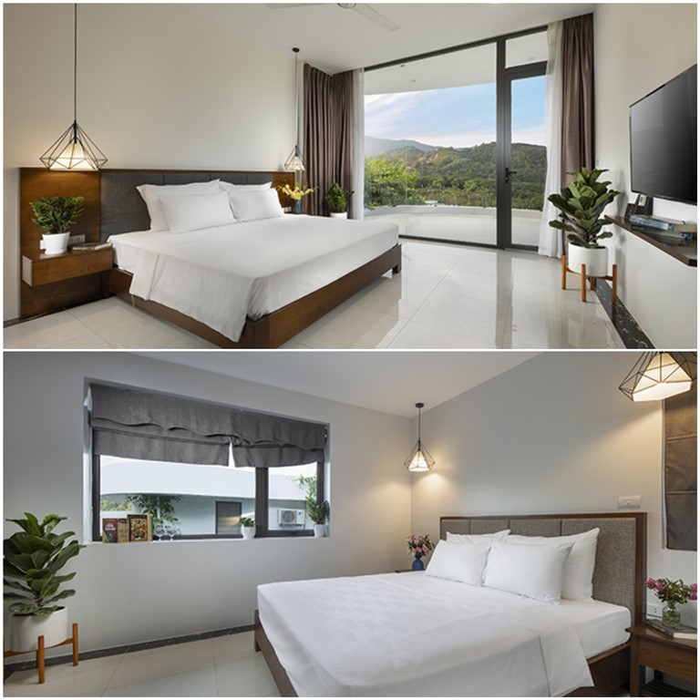 Phòng nghỉ được thiết kế theo phong cách hiện đại, có phòng ngủ, phòng khách, phòng bếp và vệ sinh khép kín. 