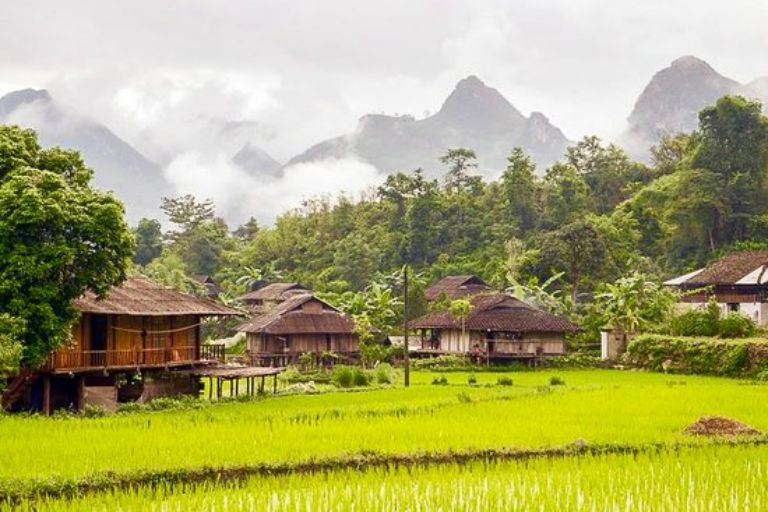 GG Homestay Yên Minh tọa lạc dưới chân núi, nổi bật trong cách kiến tạo, kết hợp giữa hiện đại và truyền thống. 