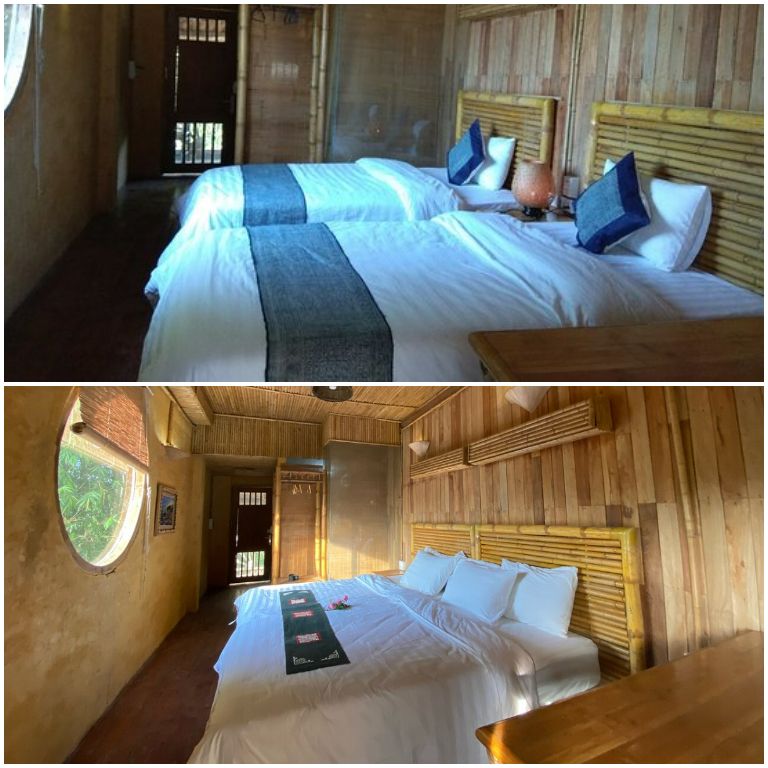 Phòng nghỉ tại Dao Lodge homestay được thiết kế tối giản, chủ yếu trang trí decor bằng vật dụng quen thuộc. 