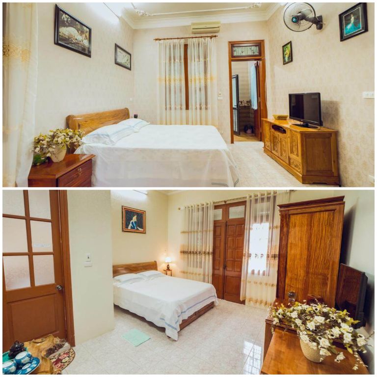 Phòng nghỉ của Dien Bien Rose Villa được cung cấp đầy đủ các tiện nghi cần thiết từ tủ quần áo, tivi, đèn ngủ, quạt, điều hòa,... (nguồn: kenhhomestay.com)
