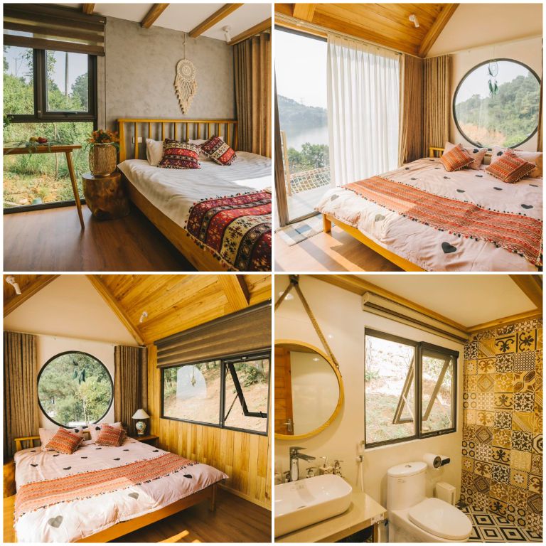 Các gian phòng ngủ của homestay Bình Yên Cottages Hồ Đồng Đò mang lại không gian ấm áp, retro và chill vô cùng