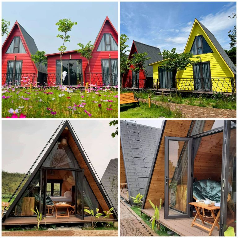 Các căn nhà nghỉ dưỡng ở đây được chăm chút tỉ mỉ từng chi tiết, độc đáo với các màu sắc rực rỡ thu hút và thiết kế hình tam giác (nguồn: noithatkendesign.vn)