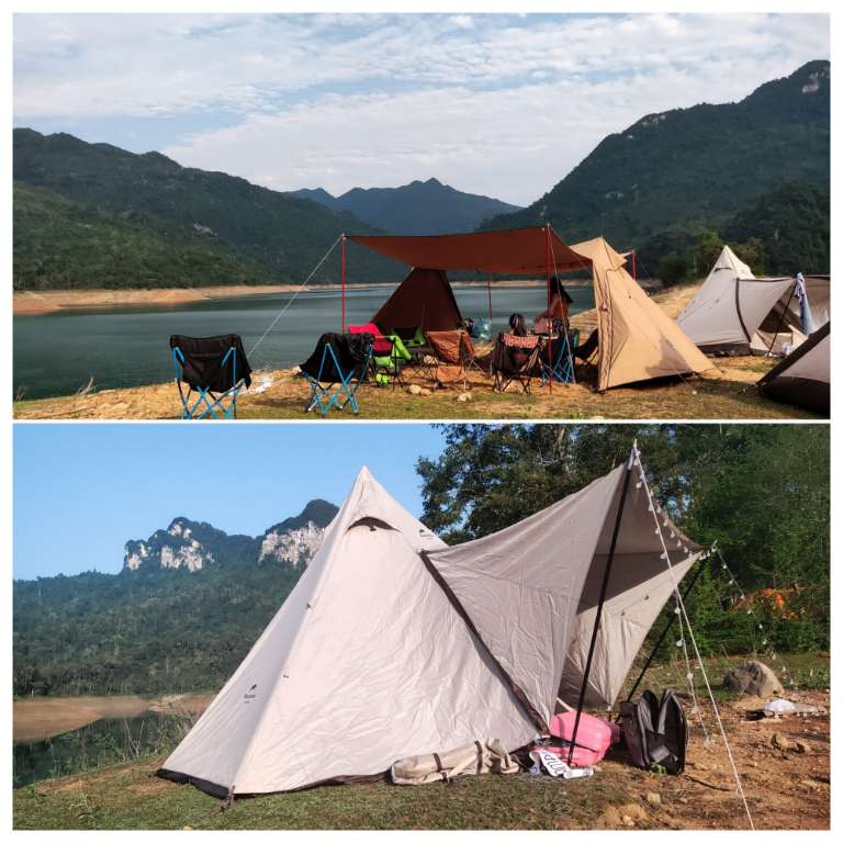 Du khách cắm trại bên hồ Na Hang gần homestay