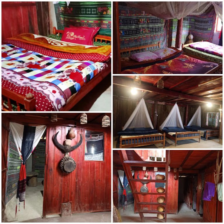 Các căn phòng của homestay có điểm nhấn là gỗ lát màu đỏ cùng họa tiết thổ cẩm được bài trí khắp nơi (nguồn: google map)