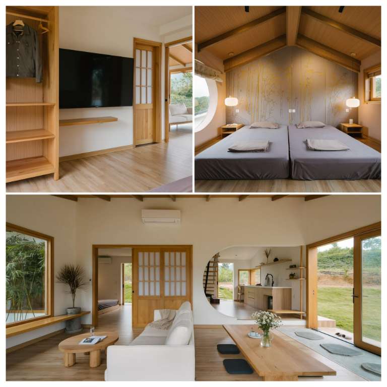 Phòng ngủ ở homestay được thiết kế từ gỗ theo phong cánh Nhật Bản nhìn vô cùng trang nhã và ấm cúng