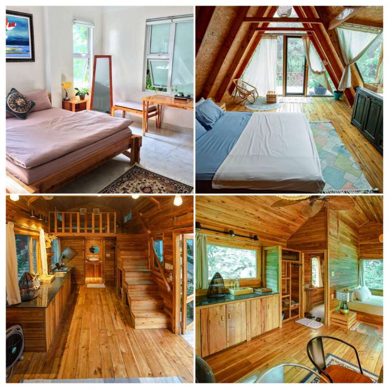 Mọi góc phòng ngủ tại homeststay đều được làm từ gỗ nguyên khối tạo cảm giác gần gũi thiên nhiên, mát mẻ