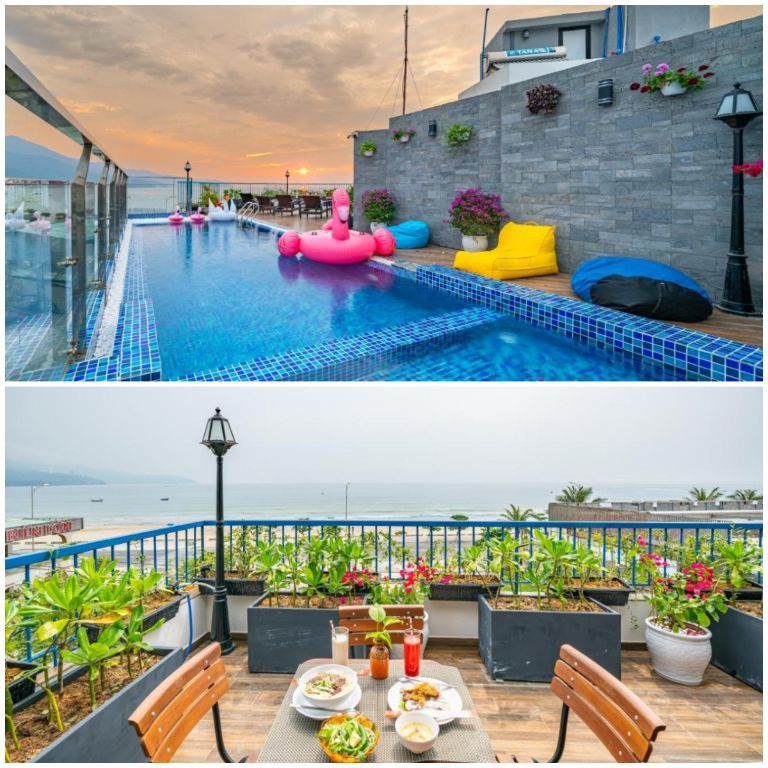Cani Beach Homestay Đà Nẵng có sân hiên để ngắm cảnh và bể bơi vô cực rộng lớn trên tầng 5 (nguồn: Booking.com)