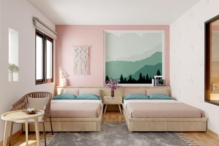 Homestay Đà Nẵng gần biển thiết kế tối giản, nhưng vẫn tinh tế và hiện đại, với màu hồng pastel chủ đạo trong không gian phòng ngủ (nguồn: facebook.com)