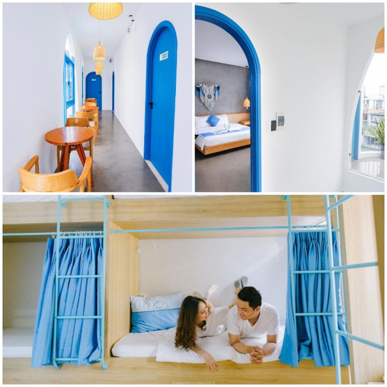 Với lối kiến trúc hiện đại và sử dụng màu trắng kết hợp với tấm rèm xanh nước biển, căn phòng mang đến cảm giác mát mẻ và tươi mới