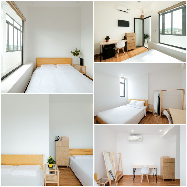 Phòng ngủ được decor đơn giản, nhẹ nhàng, có hệ thống cửa kính tạo không gian thoáng mát