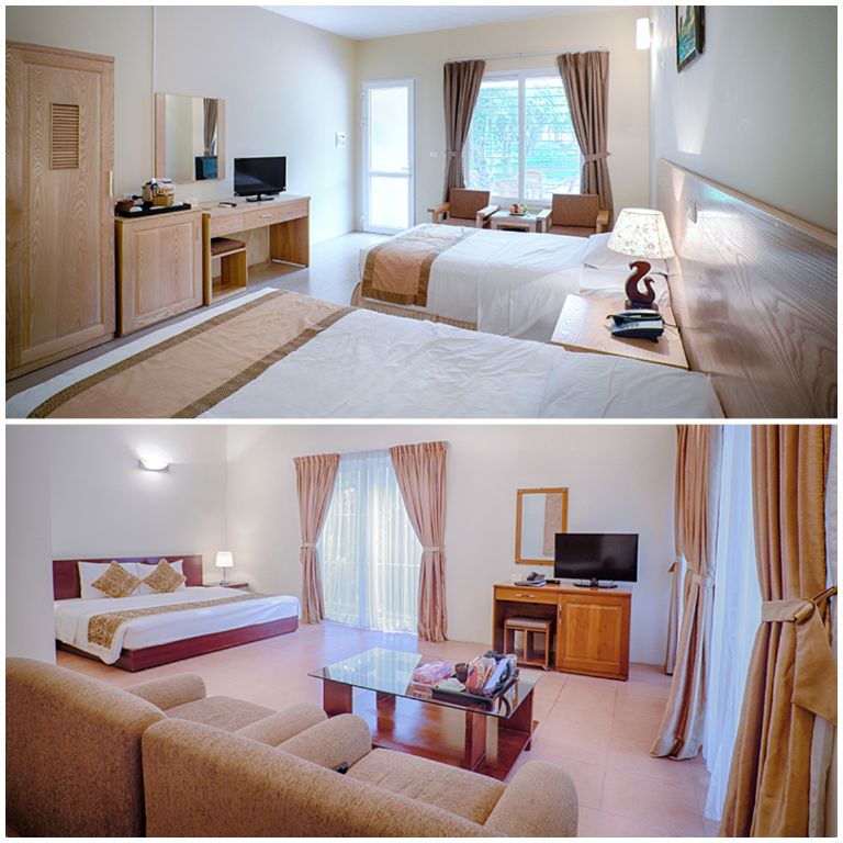 Các phòng nghỉ tại đây được trang hoàng theo lối tối giản, lấy gam màu trắng tinh khôi và vật liệu từ nhiên từ gỗ làm chủ đạo (nguồn: vresort.com.vn)