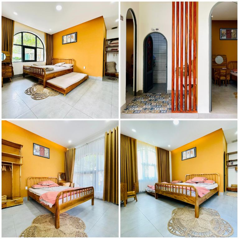 Homestay nổi tiếng này sử dụng chủ yếu gỗ và tường màu trắng và cam để trang trí nội thất, tạo nên không gian sang trọng và ấm cúng.