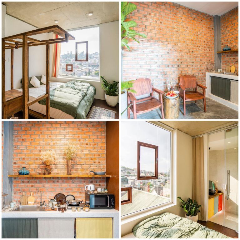 Phòng ngủ, khu bếp và phòng tắm tại homestay Lâm Đồng được liên kết với nhau thông qua các tấm kính, tạo cảm giác không gian rộng hơn và mở ra một khung cảnh tuyệt đẹp của đồi chè