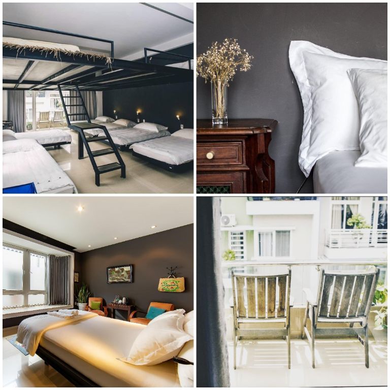 Phòng ngủ dạng phòng dorm thích hợp dành cho du khách đi theo đoàn hoặc gia đình, với thiết kế đơn giản đan xen cùng tông màu đen - trắng (nguồn: facebook.com)