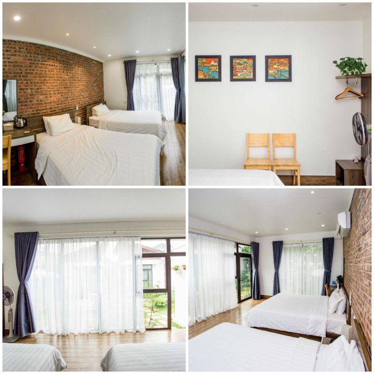 Phòng nghỉ tại homestay Tam Cốc này được thiết kế giản dị, mộc mạc với hệ thống cửa kính trong suốt (Nguồn: booking.com)