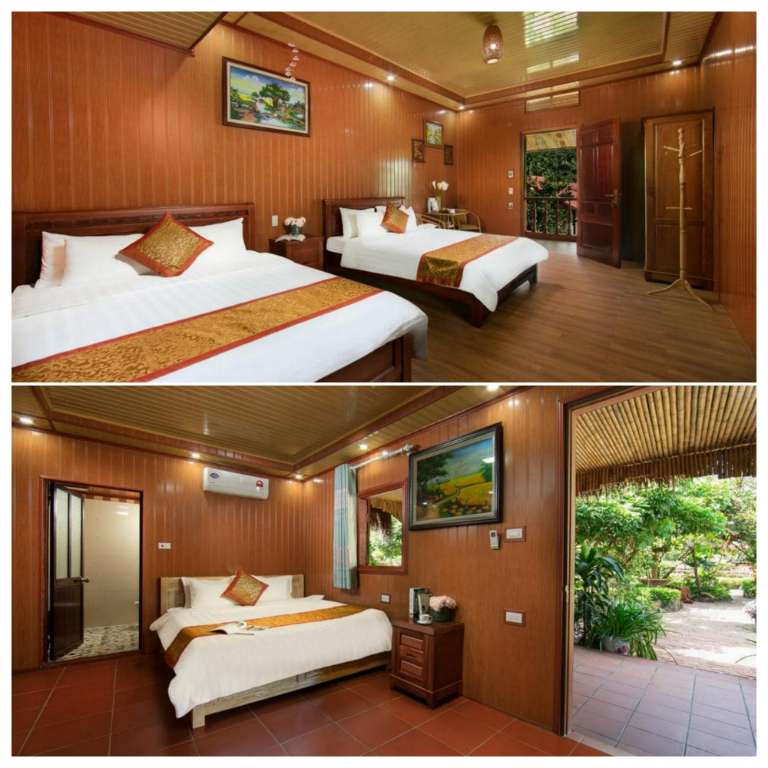 Phòng ngủ tại Lan Homestay vịnh Lan Hạ rộng rãi, thoáng mát được làm hoàn toàn từ những tấm gỗ 