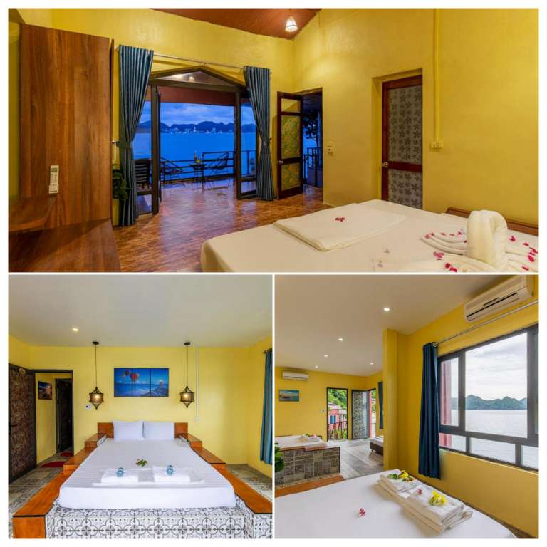 Phòng ngủ tại homestay vịnh Lan Hạ với tông màu vàng và view nhìn thẳng ra vịnh 