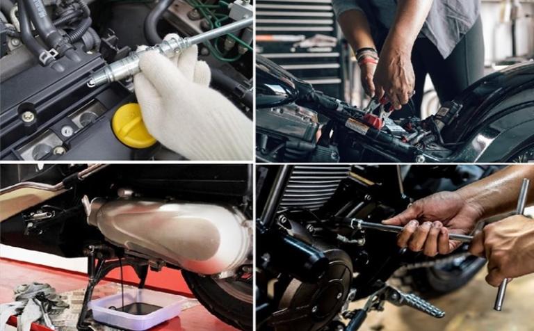Cận cảnh động cơ điện của xe được vệ sinh và kiểm tra để loại bỏ bụi bẩn và tiếng ồn bất thường.