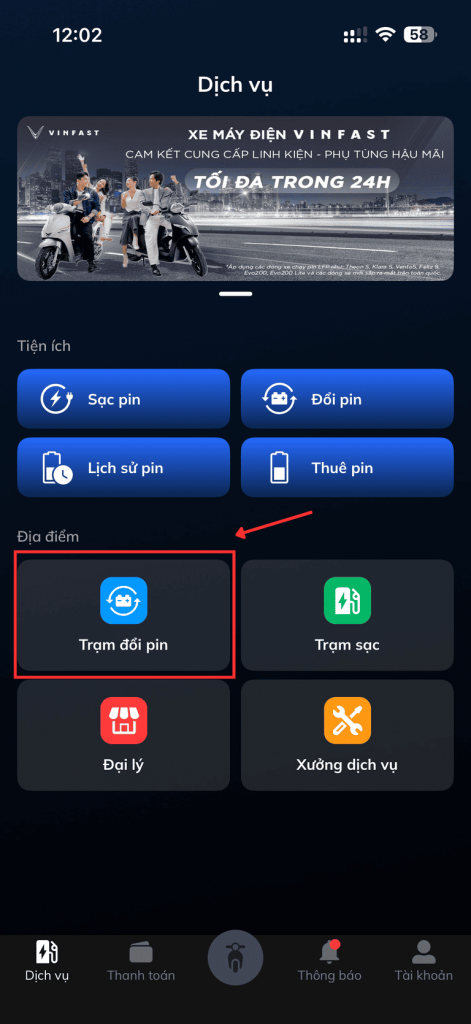 Chọn "Trạm đổi pin" để xem danh sách vị trí các trạm đổi pin gần khu vực của bạn.