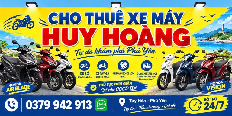 Cửa hàng Huy Hoàng là đơn vị thuê xe máy Phú Yên có đa dạng dòng xe cho khách hàng lựa chọn.